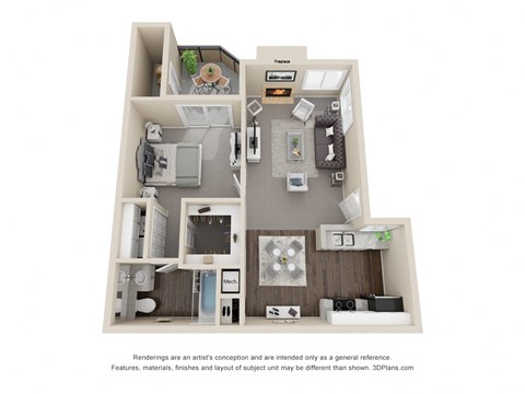 Floor plan for 1 bed, 1 bath, 866 sqft